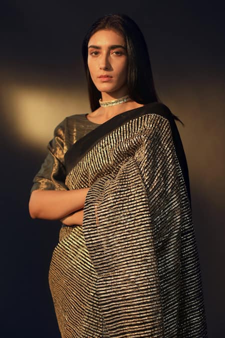 Shop_Shorshe Clothing_Blue Gota Net Stripes Saree_Online_at_Aza_Fashions