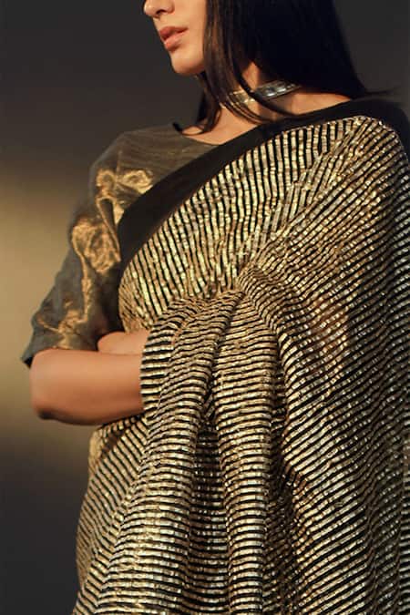 Shorshe Clothing_Blue Gota Net Stripes Saree_at_Aza_Fashions