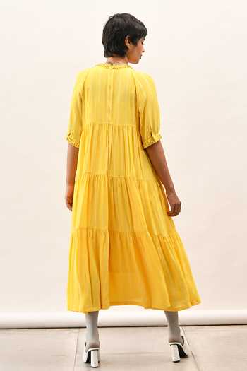 Buy Kanelle Yellow Moss Lurex Tiered Striped Peasant Dress Online | Aza  Fashion.