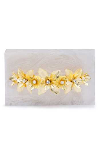 Buy Be Chic White Pearl Floral Embellished Box Clutch at Aza Fashions Buy_Be Chic_White Pearl Floral Embellished Box Clutch_at_Aza_Fashions