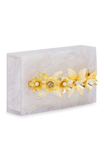Be Chic White Pearl Floral Embellished Box Clutch Online at Aza Fashions Be Chic_White Pearl Floral Embellished Box Clutch_Online_at_Aza_Fashions
