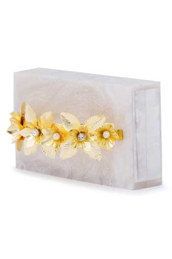 Buy Be Chic White Pearl Floral Embellished Box Clutch Online at Aza Fashions Buy_Be Chic_White Pearl Floral Embellished Box Clutch_Online_at_Aza_Fashions