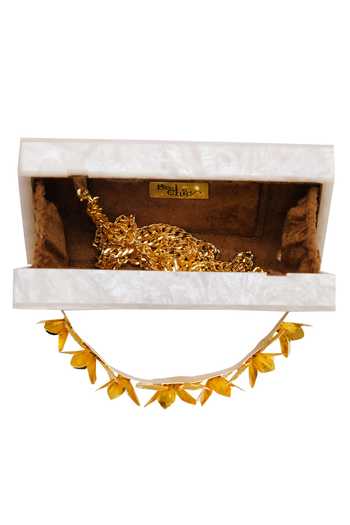 Shop Be Chic White Pearl Floral Embellished Box Clutch Online at Aza Fashions Shop_Be Chic_White Pearl Floral Embellished Box Clutch_Online_at_Aza_Fashions
