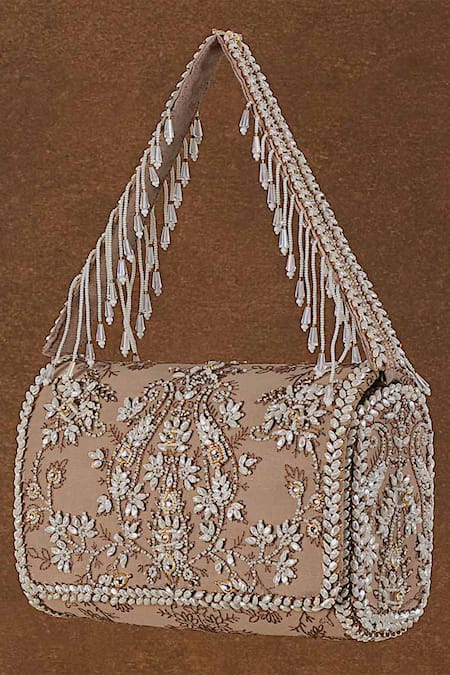 Lovetobag Beige Japanese Beads Siah Floral Kundan Embellished Flapover Clutch Online at Aza Fashions Lovetobag_Beige Japanese Beads Siah Floral Kundan Embellished Flapover Clutch _Online_at_Aza_Fashions