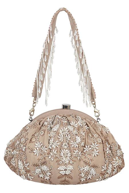 Lovetobag_Beige Crystals, Pearls, Beads Siah Floral Kundan Embellished Clutch _Online_at_Aza_Fashions