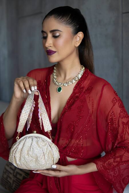 Lovetobag Gold Beads Zoya Crystal Embellished Clutch