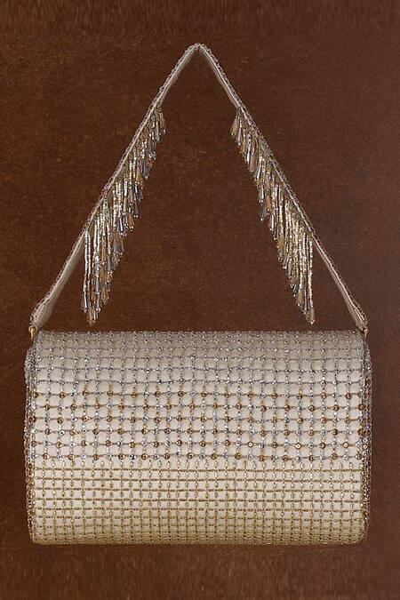 Shop Lovetobag Gold Beads Zoya Crystal Embellished Flapover Clutch at Aza Fashions Shop_Lovetobag_Gold Beads Zoya Crystal Embellished Flapover Clutch _at_Aza_Fashions