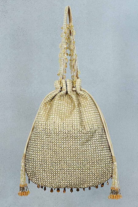 Shop Lovetobag Gold Crystals, Beads Opal Tassel Potli Bag at Aza Fashions Shop_Lovetobag_Gold Crystals, Beads Opal Tassel Potli Bag _at_Aza_Fashions