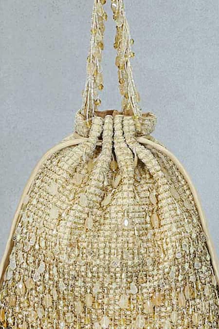 Lovetobag Gold Crystals, Beads Opal Tassel Potli Bag at Aza Fashions Lovetobag_Gold Crystals, Beads Opal Tassel Potli Bag _at_Aza_Fashions