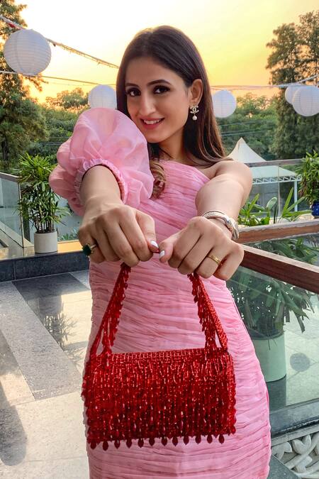 Lovetobag_Red Crystals, Diamonds, Beads Opal Embellished Flapover Clutch _at_Aza_Fashions