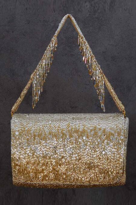 Lovetobag Gold Crystals, Beads Eclat Embellished Flapover Clutch