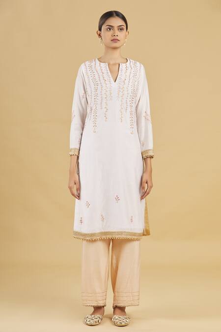Rahul Singh_White Net, Chanderi Silk Embroidered Kurta Set_Online_at_Aza_Fashions