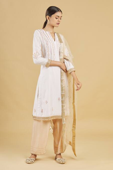 Buy_Rahul Singh_White Net, Chanderi Silk Embroidered Kurta Set_Online_at_Aza_Fashions