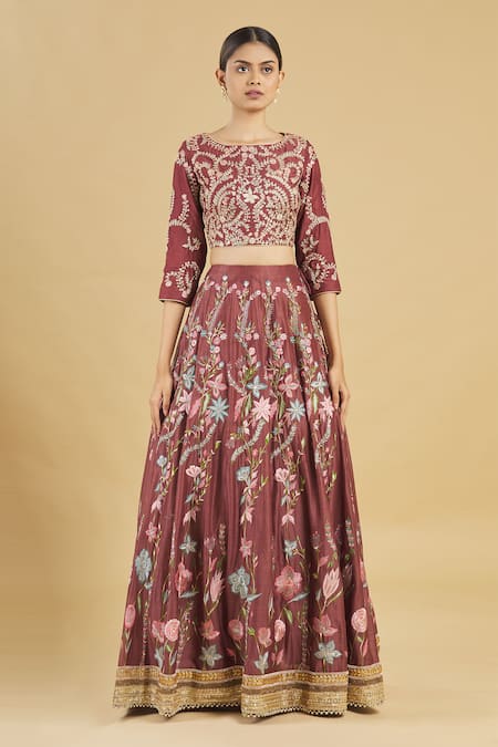 Rahul Singh_Maroon Net, Chanderi Silk Embroidered Bridal Lehenga Set_Online_at_Aza_Fashions