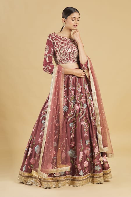 Buy_Rahul Singh_Maroon Net, Chanderi Silk Embroidered Bridal Lehenga Set_Online_at_Aza_Fashions