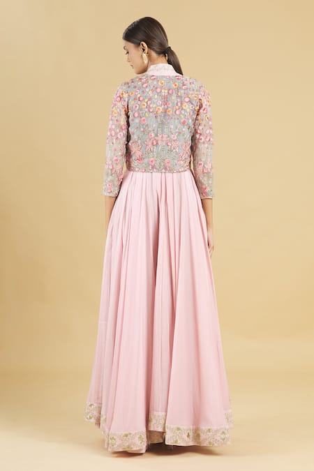 Shop Rahul Singh Blue Organza, Cotton Silk Gown With Embroidered Jacket at Aza Fashions Shop_Rahul Singh_Blue Organza, Cotton Silk Gown With Embroidered Jacket _at_Aza_Fashions