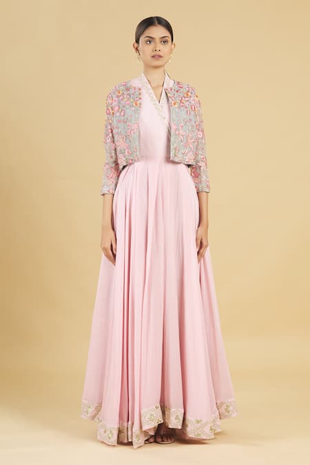 Buy Rahul Singh Blue Organza, Cotton Silk Gown With Embroidered Jacket Online at Aza Fashions Buy_Rahul Singh_Blue Organza, Cotton Silk Gown With Embroidered Jacket _Online_at_Aza_Fashions