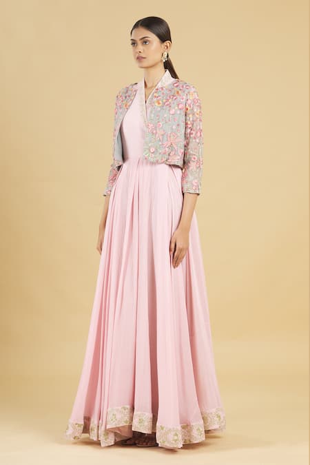 Shop Rahul Singh Blue Organza, Cotton Silk Gown With Embroidered Jacket Online at Aza Fashions Shop_Rahul Singh_Blue Organza, Cotton Silk Gown With Embroidered Jacket _Online_at_Aza_Fashions