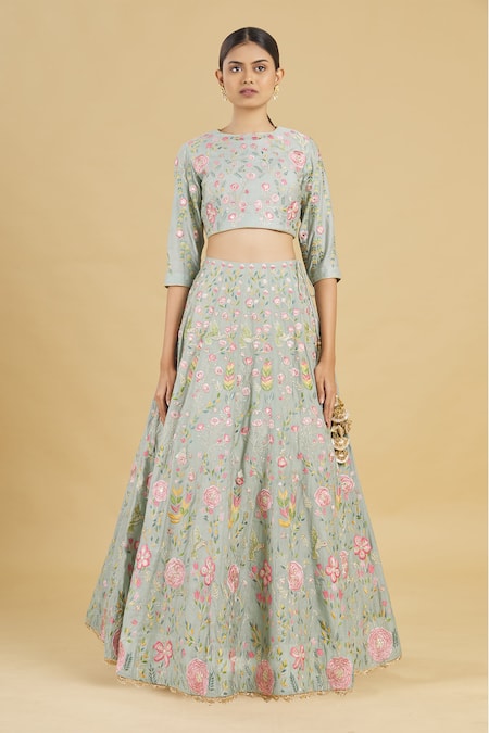 Rahul Singh Blue Net, Chanderi Silk Embroidered Bridal Lehenga Set Online at Aza Fashions Rahul Singh_Blue Net, Chanderi Silk Embroidered Bridal Lehenga Set _Online_at_Aza_Fashions