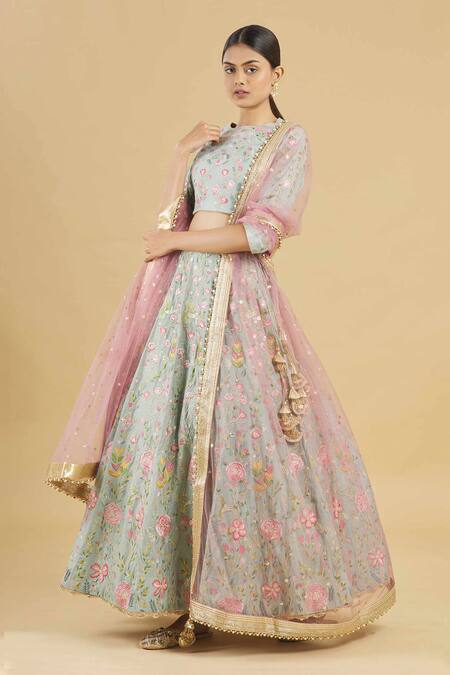 Buy Rahul Singh Blue Net, Chanderi Silk Embroidered Bridal Lehenga Set Online at Aza Fashions Buy_Rahul Singh_Blue Net, Chanderi Silk Embroidered Bridal Lehenga Set _Online_at_Aza_Fashions