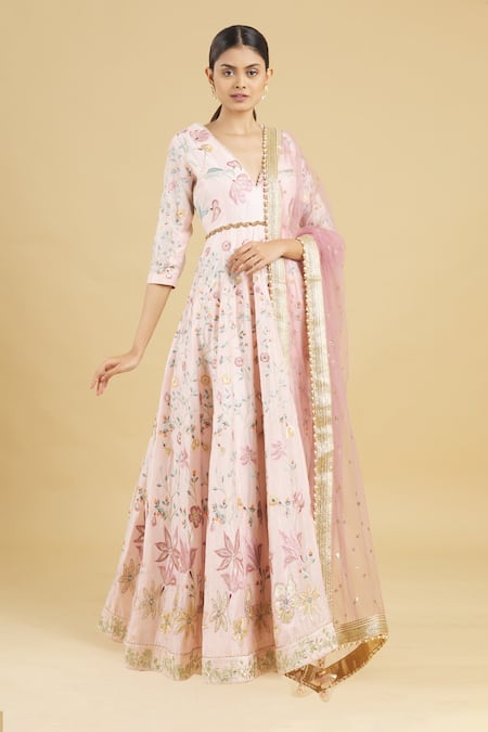 Buy_Rahul Singh_Pink Net, Chanderi Silk Embroidered Anarkali With Dupatta_Online_at_Aza_Fashions