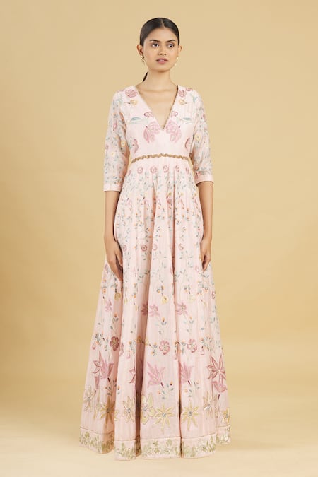 Rahul Singh_Pink Net, Chanderi Silk Embroidered Anarkali With Dupatta_Online_at_Aza_Fashions