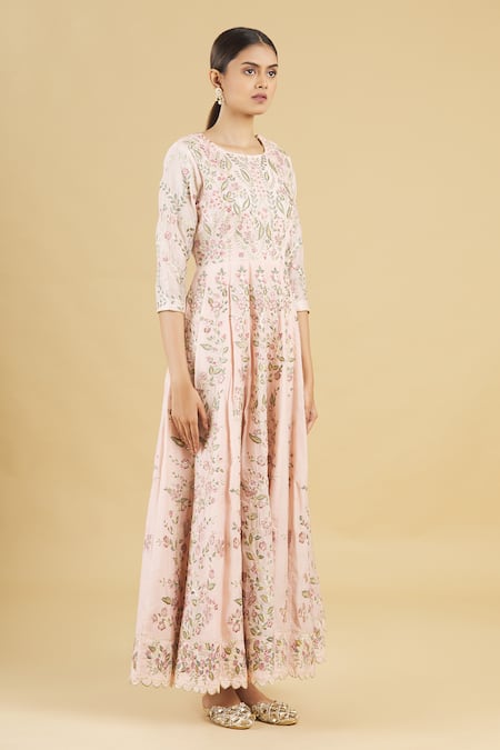 Shop_Rahul Singh_Pink Net, Chanderi Silk Embroidered Anarkali With Dupatta_Online_at_Aza_Fashions