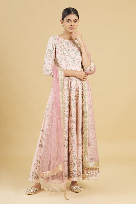 Rahul Singh Pink Net, Chanderi Silk Embroidered Anarkali With Dupatta