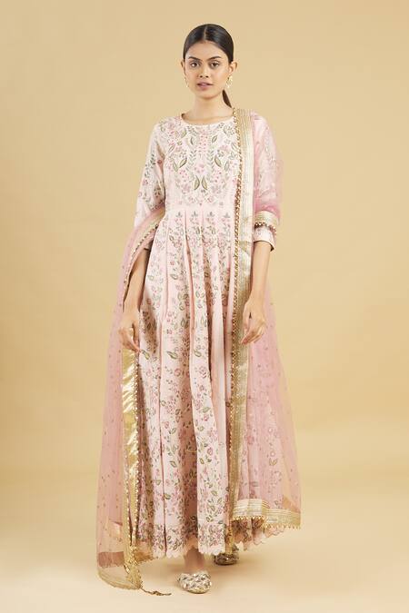 Buy_Rahul Singh_Pink Net, Chanderi Silk Embroidered Anarkali With Dupatta_Online_at_Aza_Fashions