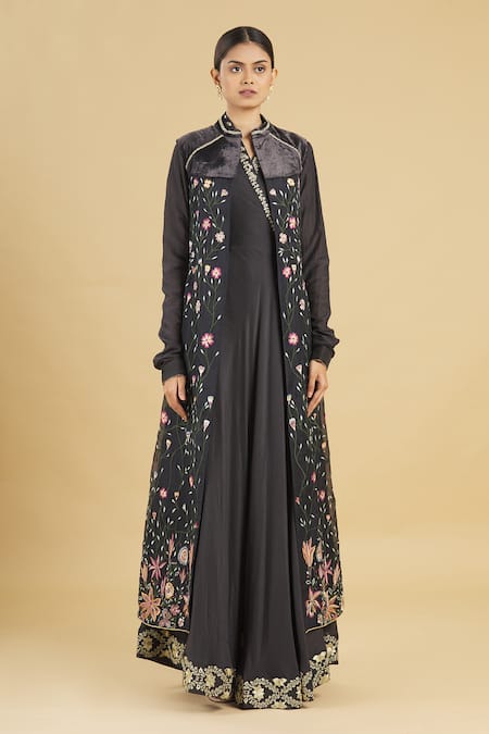 Rahul Singh Blue Velvet, Cotton Silk Gown With Embroidered Jacket Online at Aza Fashions Rahul Singh_Blue Velvet, Cotton Silk Gown With Embroidered Jacket _Online_at_Aza_Fashions
