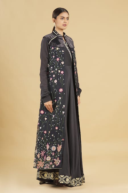 Shop Rahul Singh Blue Velvet, Cotton Silk Gown With Embroidered Jacket Online at Aza Fashions Shop_Rahul Singh_Blue Velvet, Cotton Silk Gown With Embroidered Jacket _Online_at_Aza_Fashions