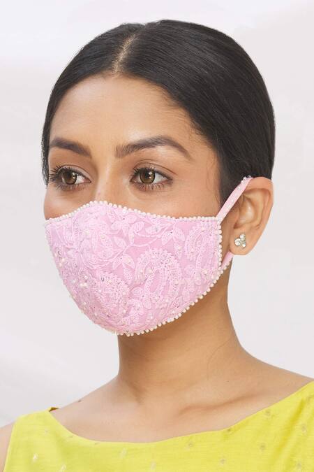 Buy_Arpan Vohra_Pink Embroidered Chikankari Face Mask Single Pc_Online_at_Aza_Fashions