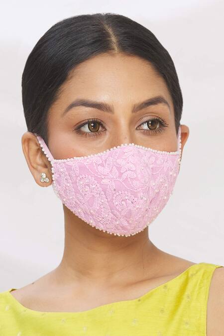 Arpan Vohra_Pink Embroidered Chikankari Face Mask Single Pc_Online_at_Aza_Fashions