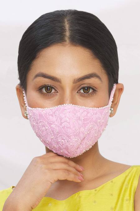 Shop_Arpan Vohra_Pink Embroidered Chikankari Face Mask Single Pc_Online_at_Aza_Fashions