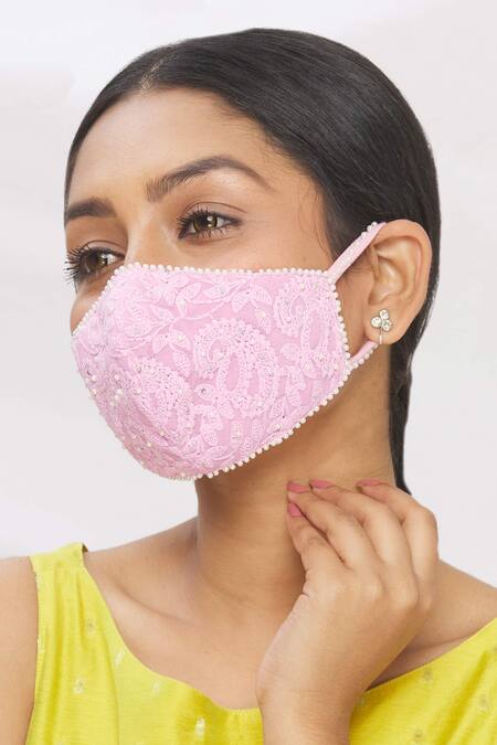 Arpan Vohra_Pink Embroidered Chikankari Face Mask Single Pc_at_Aza_Fashions