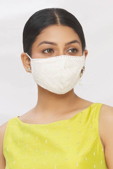 Arpan Vohra_White Mirrors, Pearls Chikankari Embroidered Potli Bag With Face Mask  _Online_at_Aza_Fashions