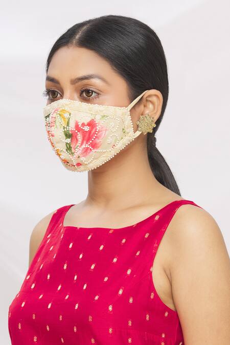 Shop_Arpan Vohra_Beige Embroidered Chikankari Potli Bag With Face Mask _Online_at_Aza_Fashions