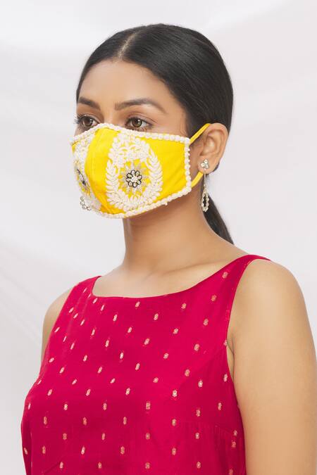 Shop_Arpan Vohra_Yellow Embroidery, Pearls Chikankari Potli Bag With Face Mask _Online_at_Aza_Fashions