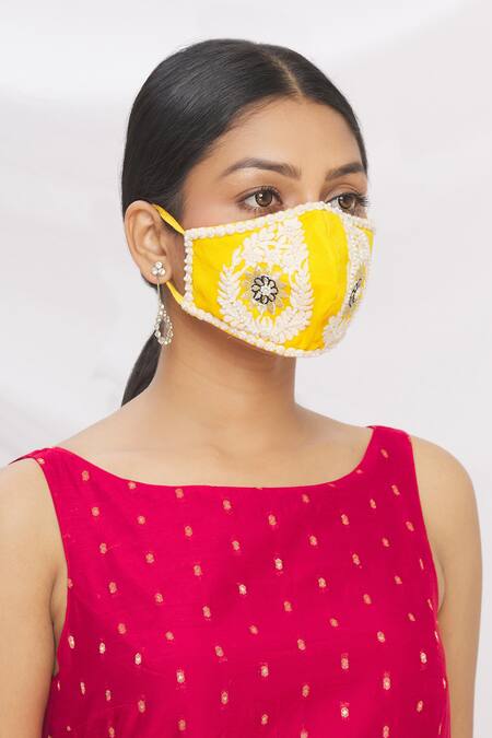 Arpan Vohra_Yellow Embroidery, Pearls Chikankari Potli Bag With Face Mask _Online_at_Aza_Fashions