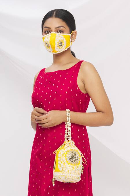 Buy_Arpan Vohra_Yellow Embroidery, Pearls Chikankari Potli Bag With Face Mask _Online_at_Aza_Fashions