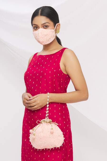 Shop_Arpan Vohra_Pink Embroidery, Beads Chikankari Potli Bag With Face Mask _Online_at_Aza_Fashions