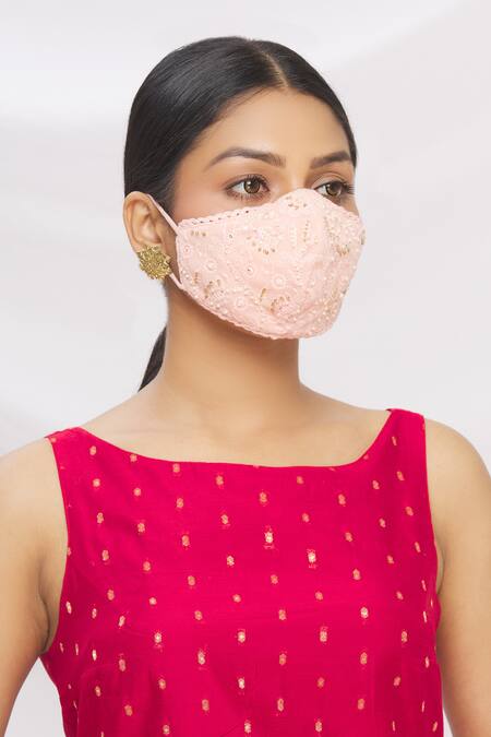 Arpan Vohra_Pink Embroidery, Beads Chikankari Potli Bag With Face Mask _Online_at_Aza_Fashions
