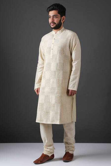 Minaki_White Poly Silk Pintuck Kurta Set_Online_at_Aza_Fashions