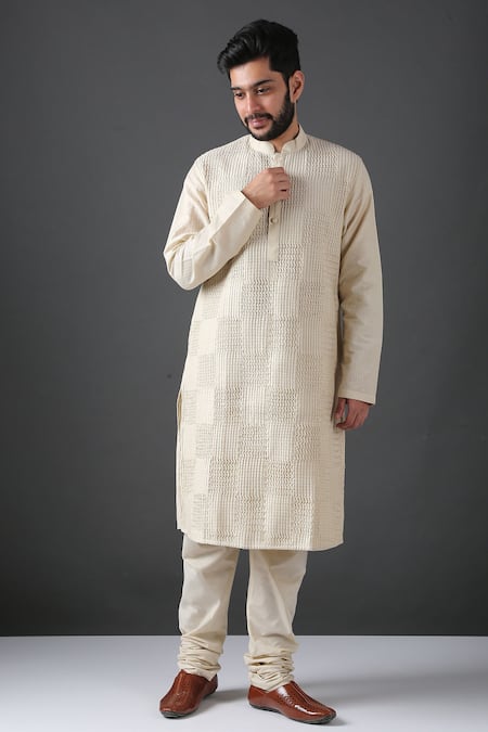 Buy_Minaki_White Poly Silk Pintuck Kurta Set_Online_at_Aza_Fashions