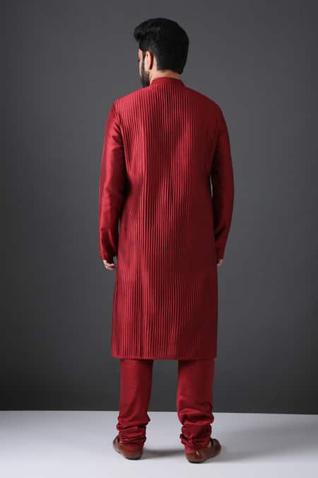 Shop Minaki Red Poly Silk Pintuck Kurta Set at Aza Fashions Shop_Minaki_Red Poly Silk Pintuck Kurta Set _at_Aza_Fashions