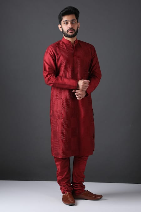Minaki Red Poly Silk Pintuck Kurta Set Online at Aza Fashions Minaki_Red Poly Silk Pintuck Kurta Set _Online_at_Aza_Fashions
