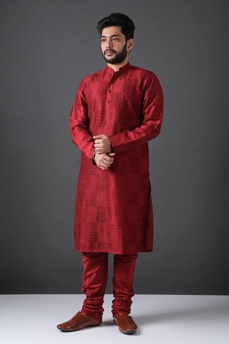 Buy Minaki Red Poly Silk Pintuck Kurta Set Online at Aza Fashions Buy_Minaki_Red Poly Silk Pintuck Kurta Set _Online_at_Aza_Fashions