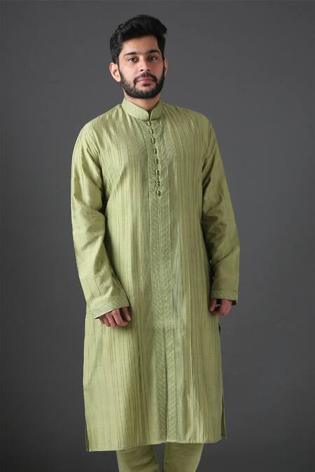 MINAKI Green Poly Silk Pintuck Kurta Set 