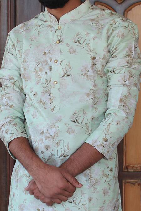 Rng Safawala_Green Silk, Cotton Printed Kurta Set_Online_at_Aza_Fashions