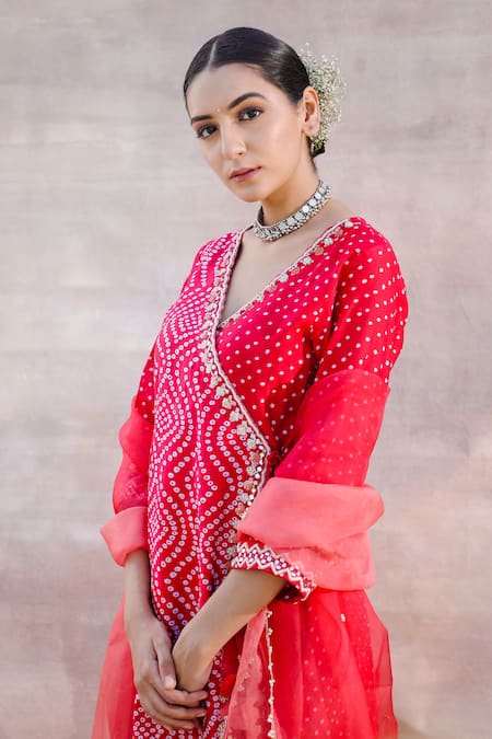 Label Mansi Nagdev Red Chanderi Silk Mirrors, Sequins V-neck Falak Printed Angrakha Set at Aza Fashions Label Mansi Nagdev_Red Chanderi Silk Mirrors, Sequins V-neck Falak Printed Angrakha Set _at_Aza_Fashions